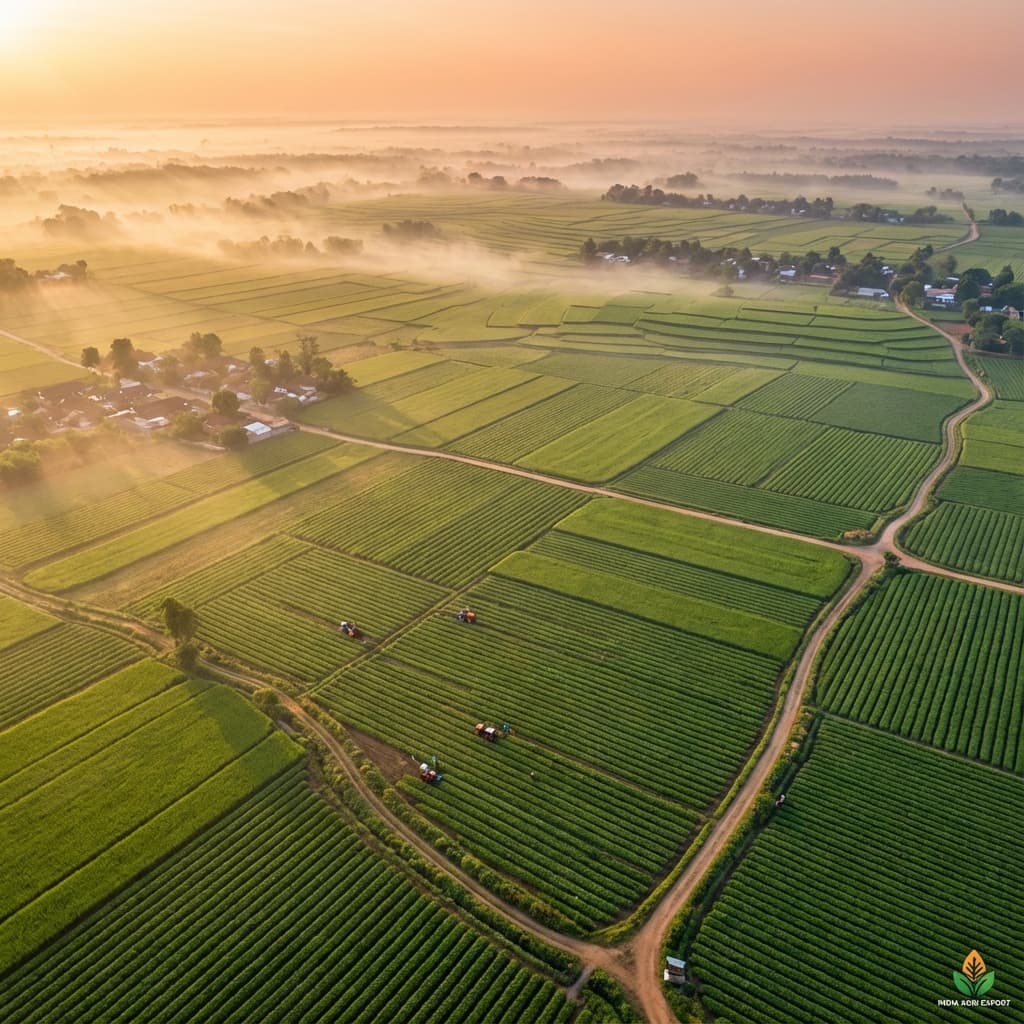 Lush Indian farmland at golden hour